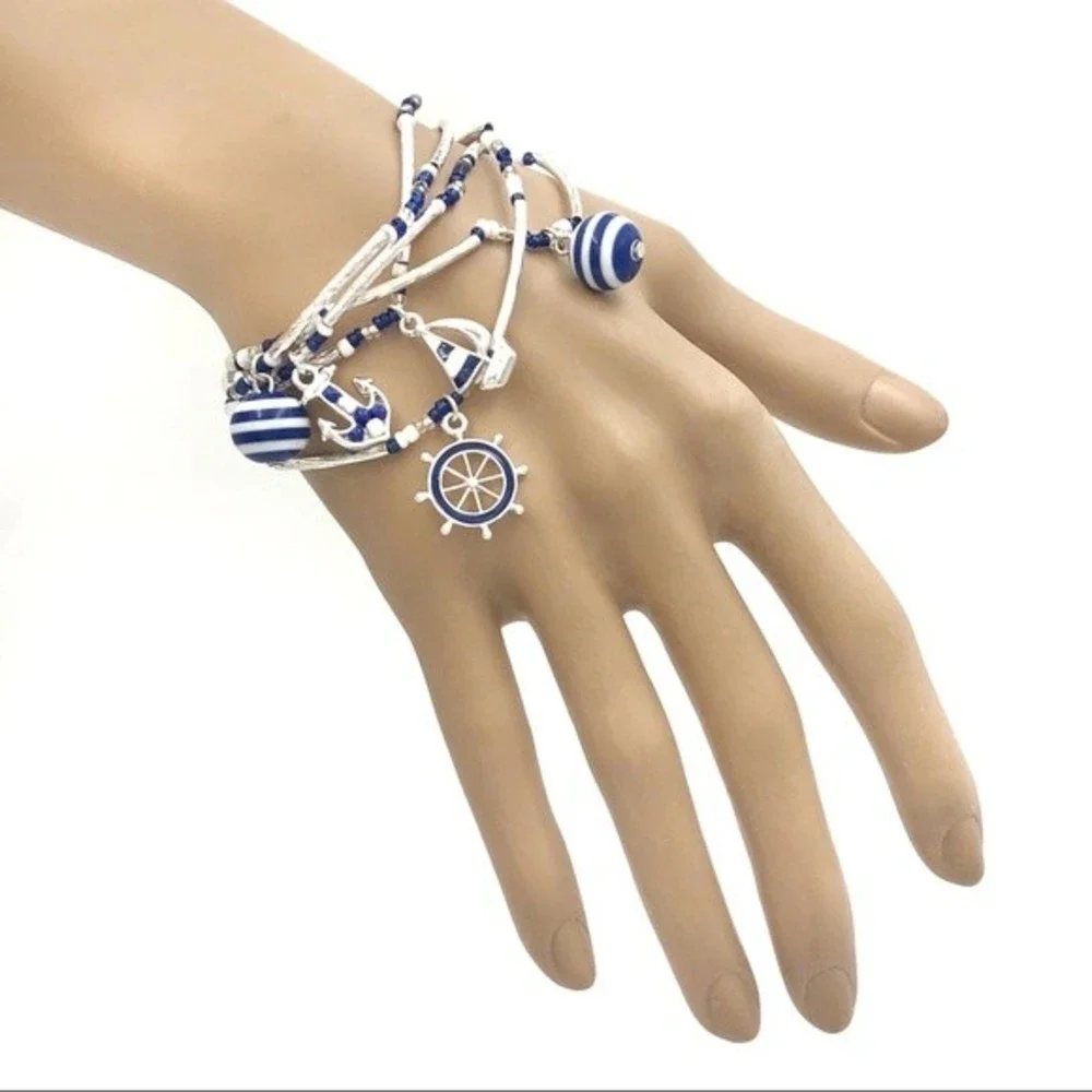 🌼 Nautical Theme Anchor Ship Wheel Boat Set of 5 Bracelets